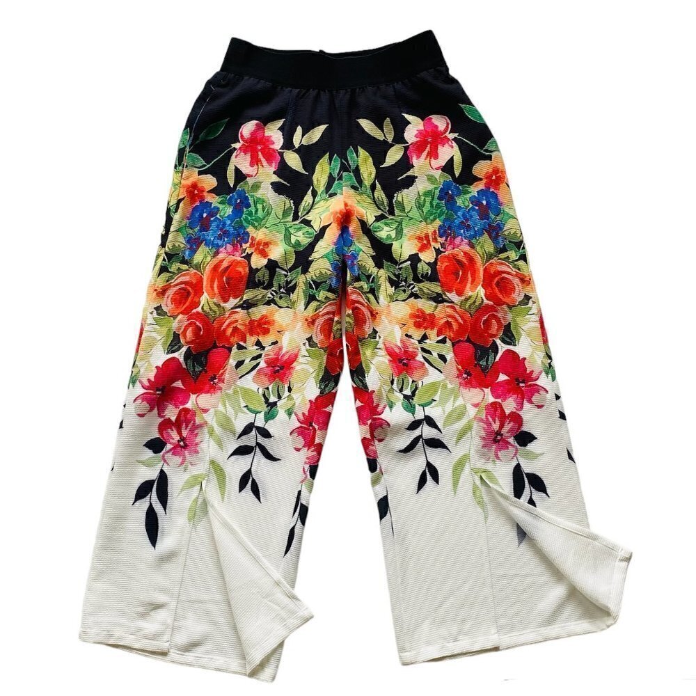 Spanner Hibiscus Floral Cropped Palazzo Pull on Pants XS